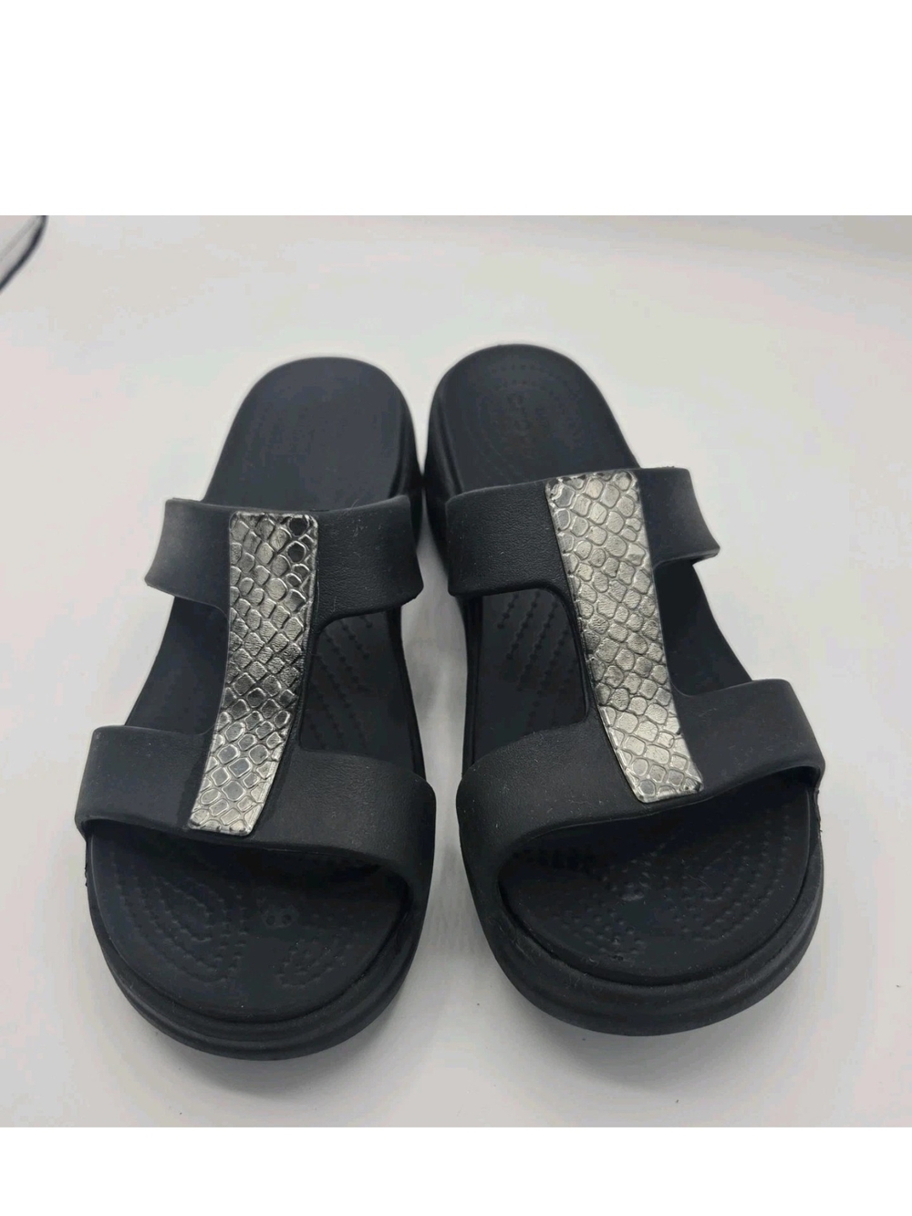 Crocs Women's Monterey Metallic Wedge Slide Sandals 9 Black Comfy Waterproof